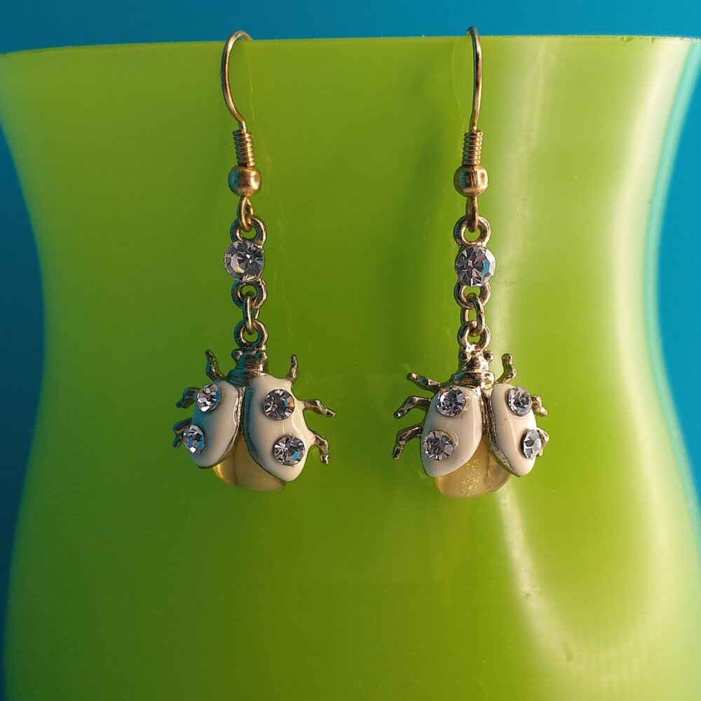 White/gold Lady bug rhinestone crystal dangle earrings